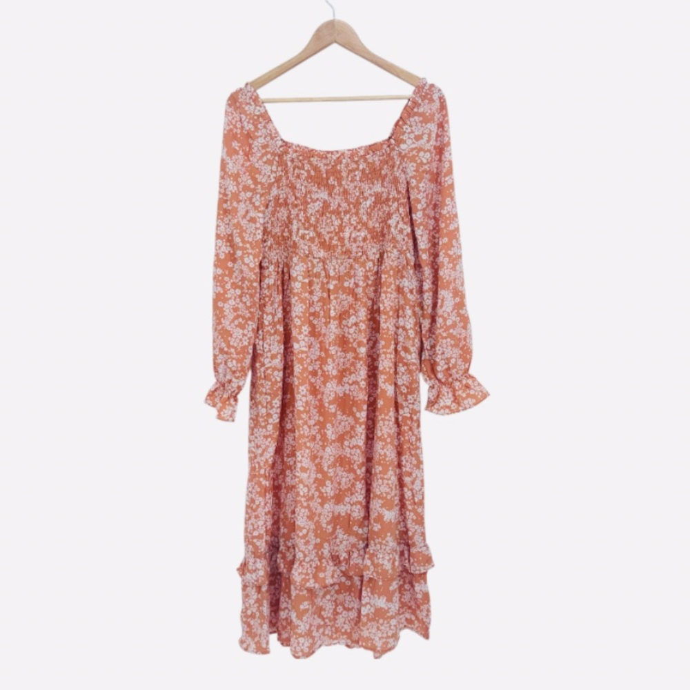Floral Long Sleeve Dress orange peach and cream Midi bohemian NWT cottagecore L - Picture 3 of 13